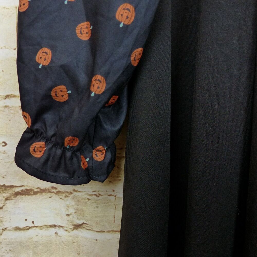 Pumpkin Print Halloween Dress Womens 4XL Black Contrast Long Sleeves Tie Neck - Picture 6 of 14